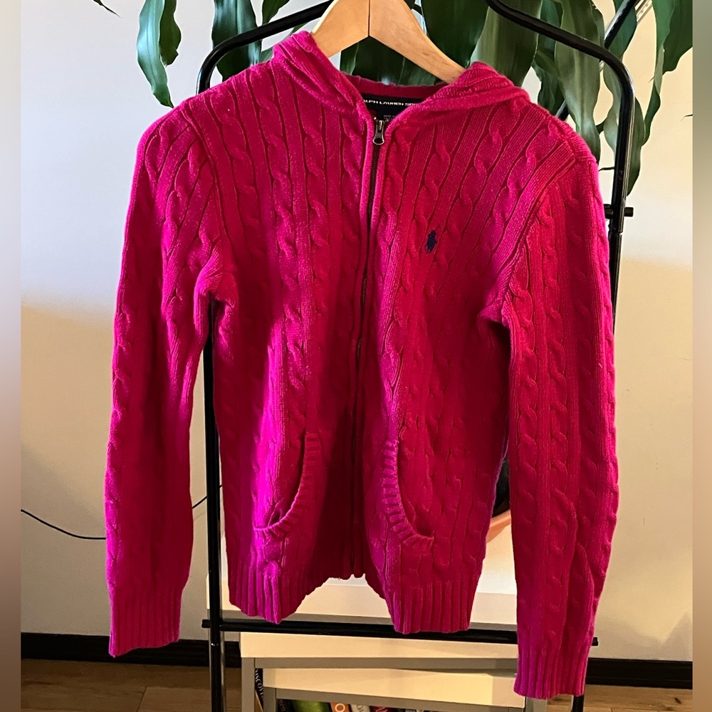 Vintage Cotton Ralph Lauren Cable Knit Zip Up Hoodie in Magenta